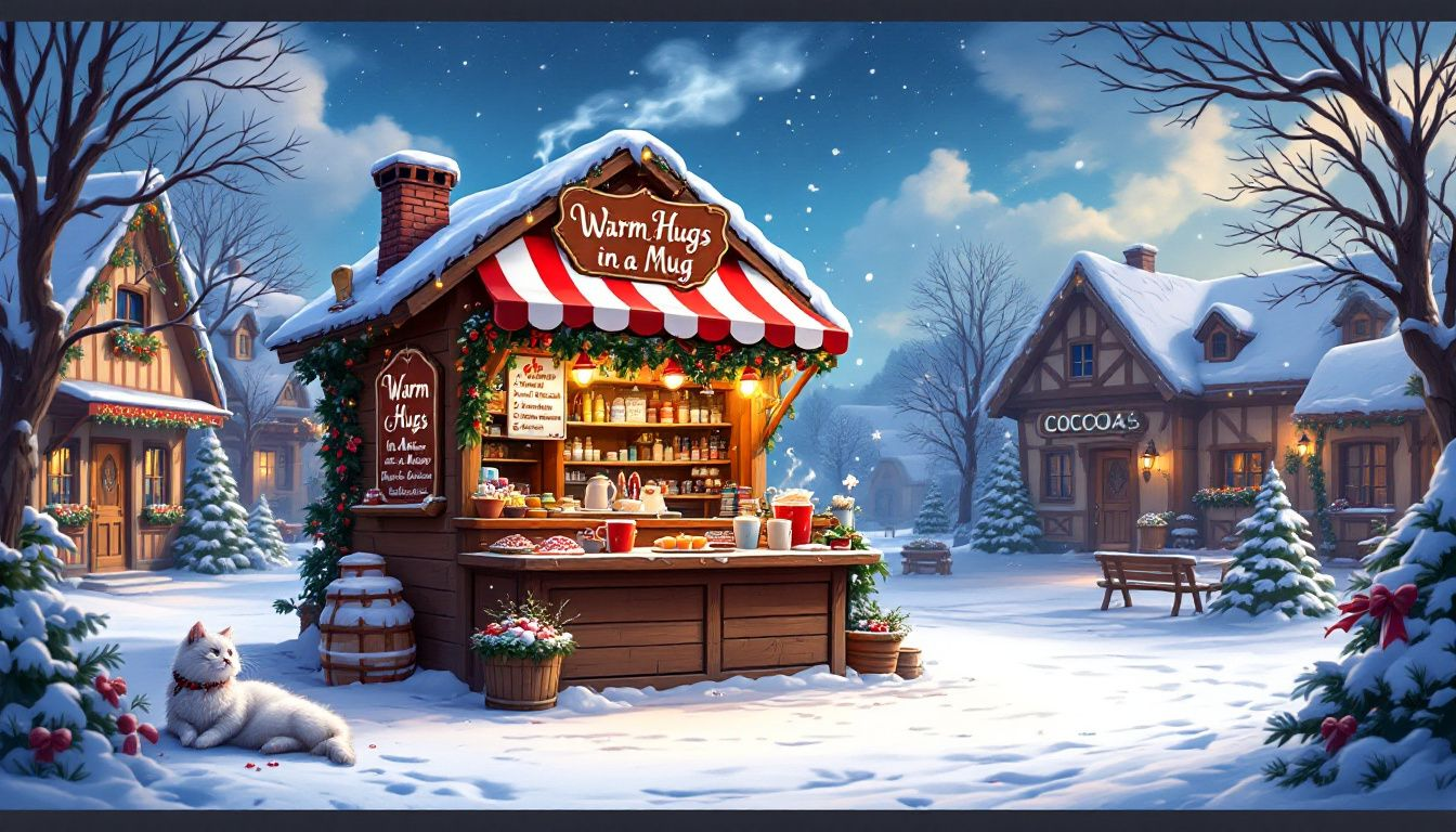 A vibrant hot cocoa stand filled with delicious toppings.