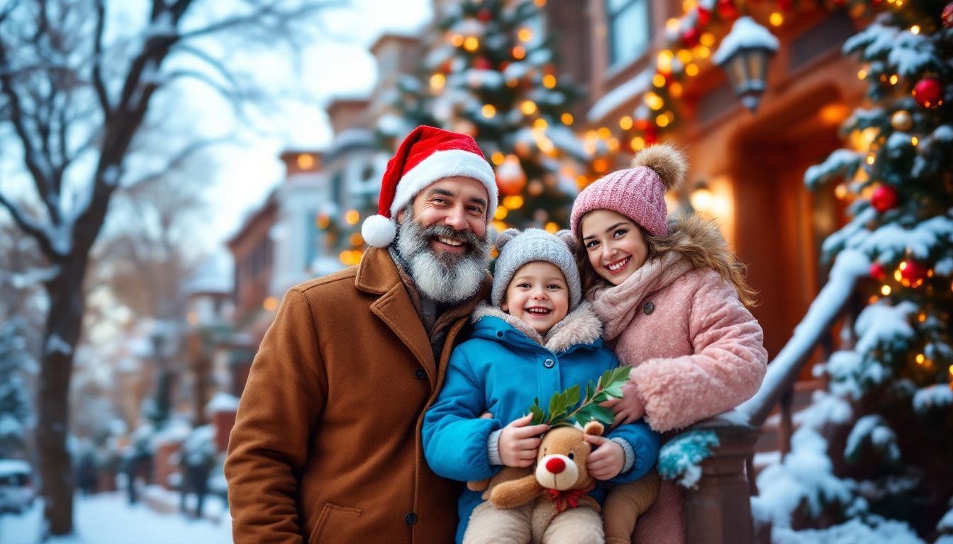 A joyful family posing for Christmas mini sessions in the Bronx, capturing the essence of the holidays.