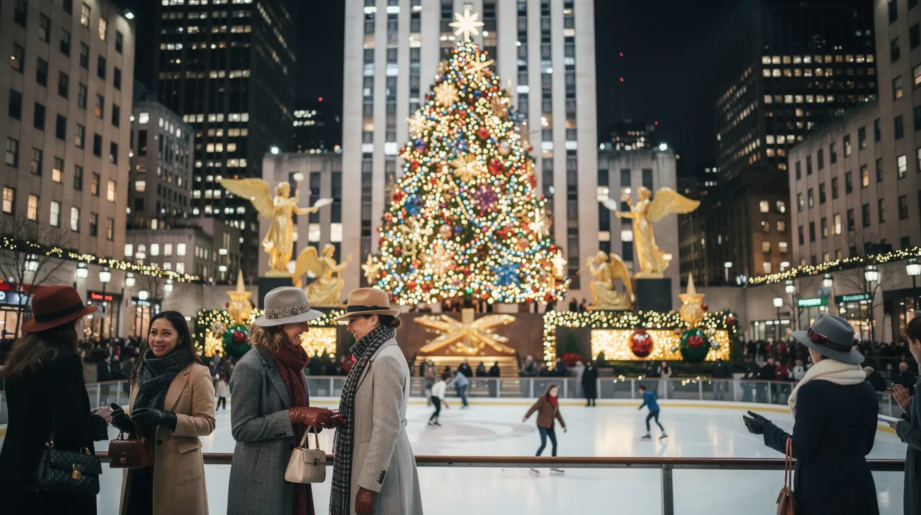 The iconic Rockefeller Center Christmas tree illuminated at night.