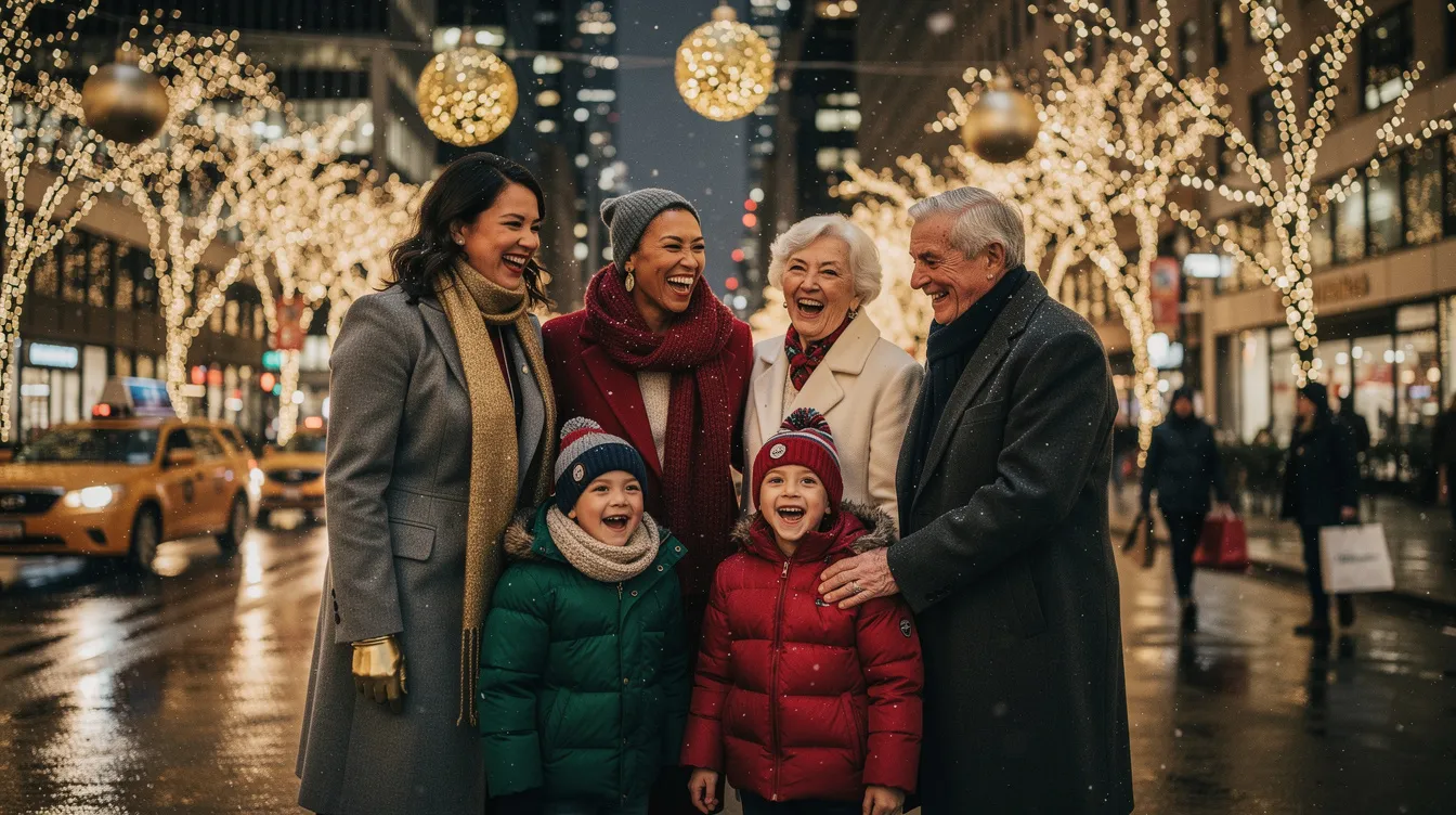 A photographer capturing a joyful family during a Christmas photoshoot.